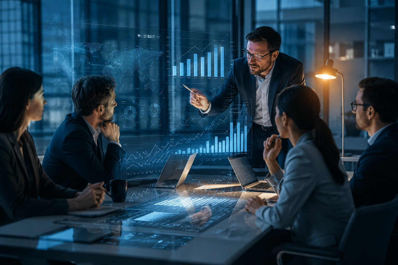 Strategy meeting with digital dashboard overlay