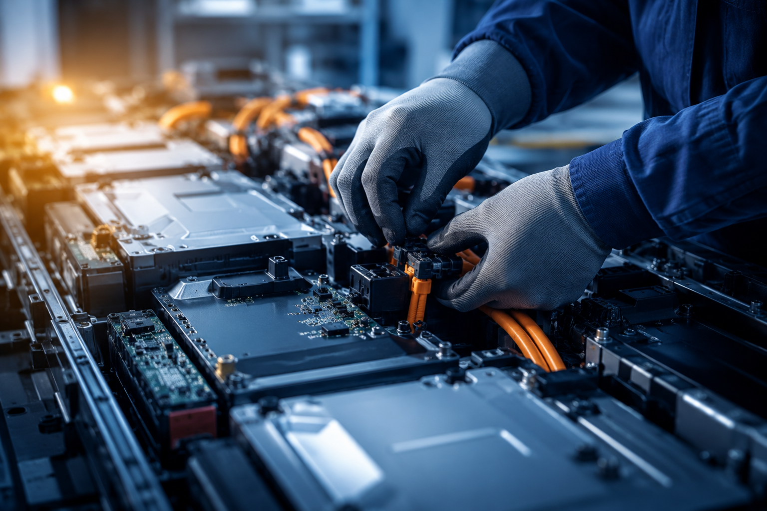 Technician wiring an EV battery module