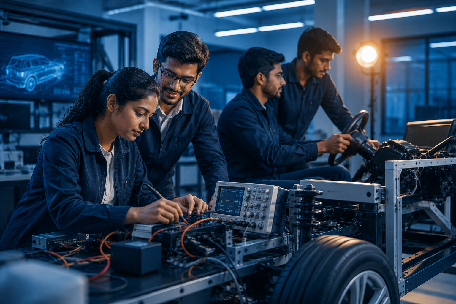 Young engineers training on a vehicle chassis rig